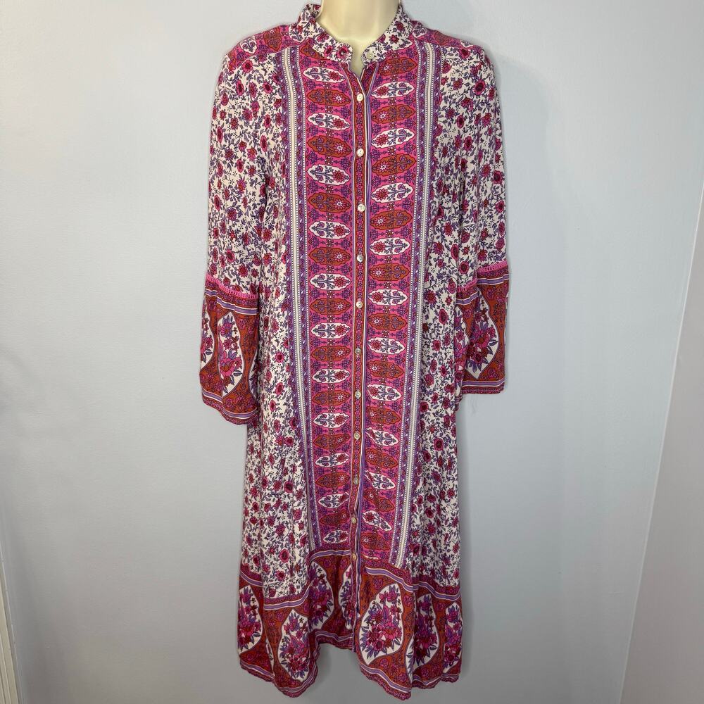 Grace Floral Midi Tunic Dress Button Front Women's L Lightweight Coastal Beach